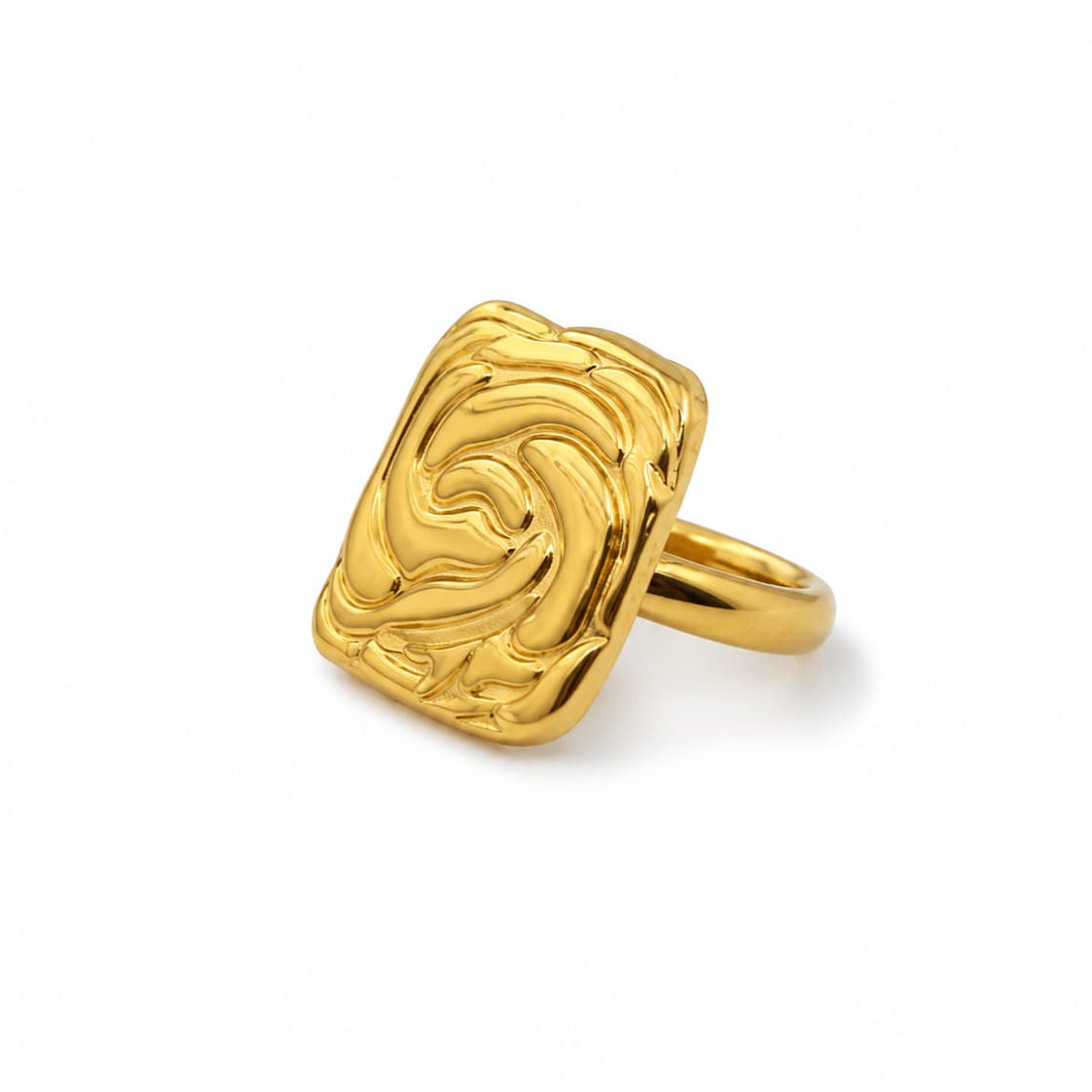 Gold ring with a textured design on a white background
