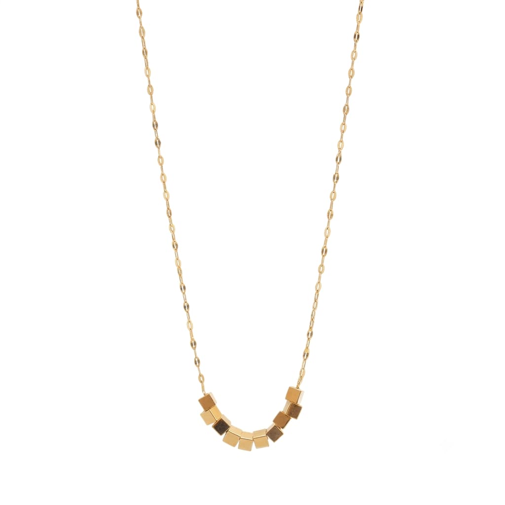 Gold necklace with geometric pendants on a white background