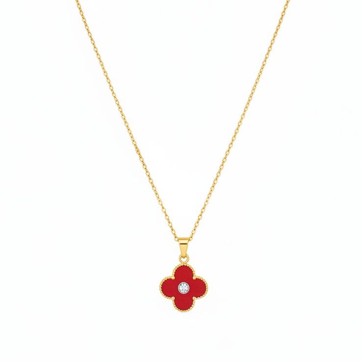 Red Clover Necklace - Gold Chain Studio Shot