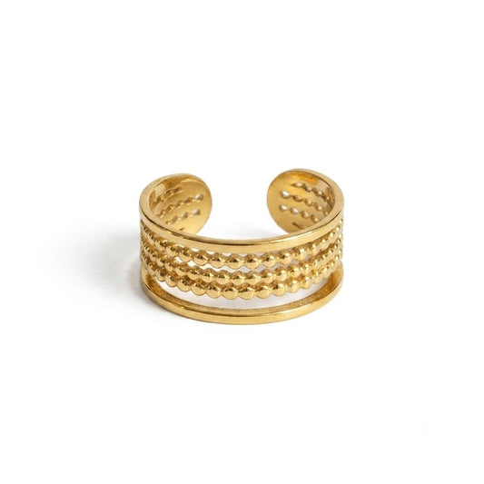 Gold colored ring on a white background